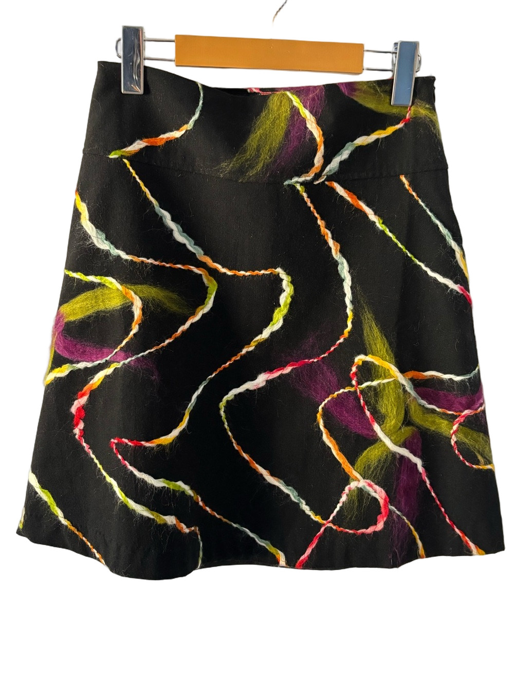 Desigual Wool Blend Black A-Line Skirt Neon Rope/Swirl Accents 36 Lined Artsy